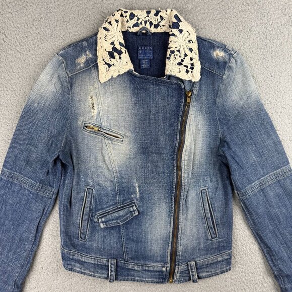 Guess Jacket Womens Extra Small XS Blue Sveva Denim Jean Lace Trim Distressed - Picture 2 of 11